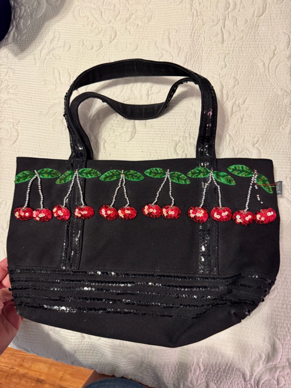 just be Black Sequin Cherry Tote with Green Leaf Embellishments